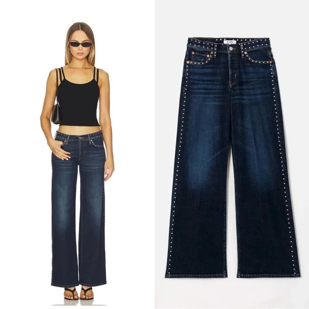 NWT RE/DONE COMFORT STRETCH STUDDED MID RISE WIDE LEG